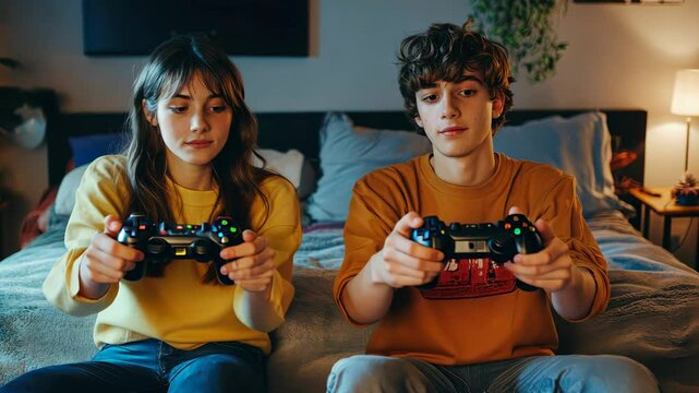 Young couple engaged in intense video game session in cozy room atmosphere
