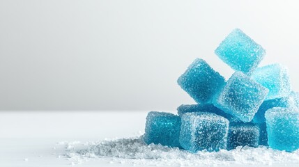 A visually striking arrangement of bright blue sugar cubes set against a white background, perfect for showcasing sweetness and confectionery themes.