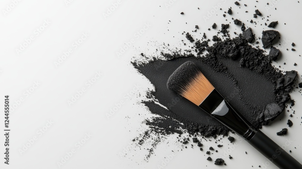 Poster an artistic spread of black powder accompanied by a brush on a pristine white surface creates a dyna