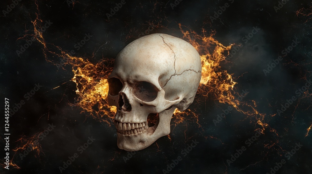 Poster a detailed skull emerges from a dynamic fire effect, symbolizing mortality and the interplay between