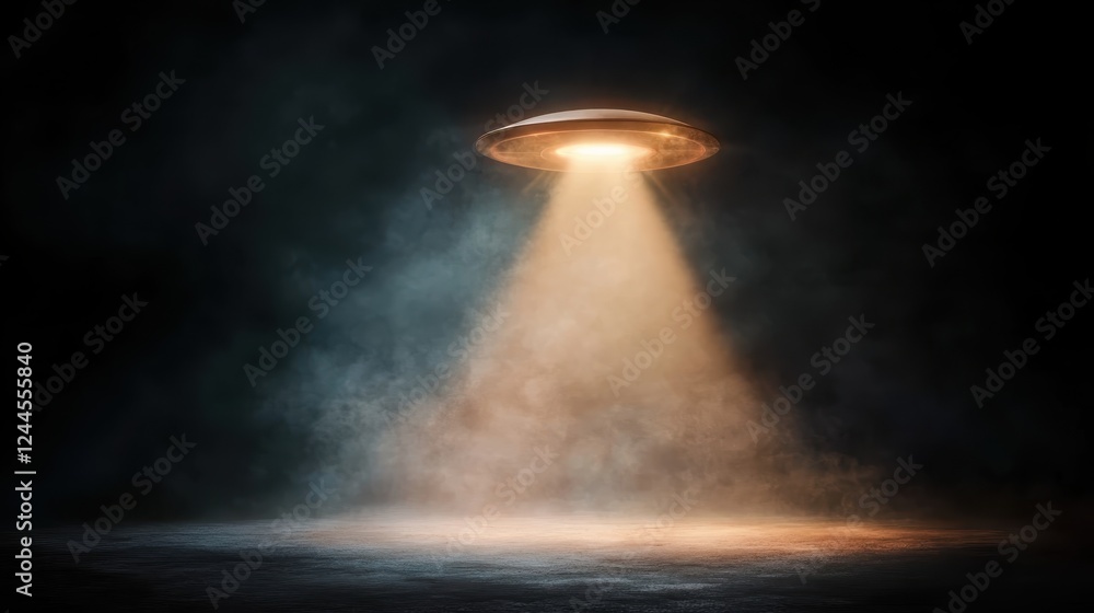 Poster an artistic depiction of a ufo spacecraft hovering with a bright beam of light in a dark atmosphere,