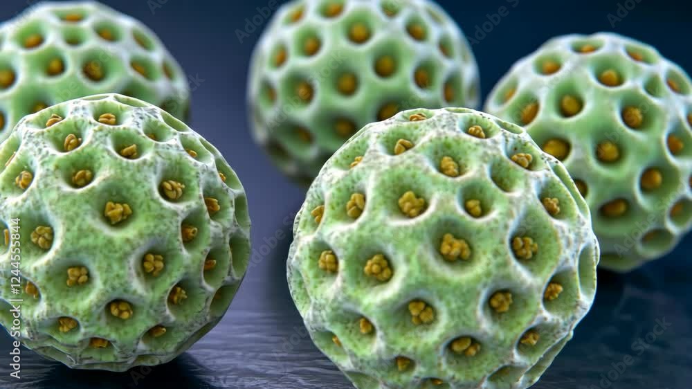 Poster microscopic view of pollen grains showcasing detailed structure and texture on dark background