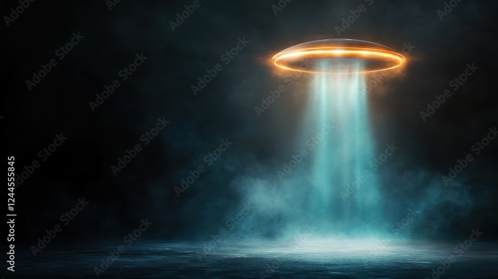 Poster This image showcases a vibrant UFO with a light beam descending into a mysterious atmosphere, stirring imaginations and feelings of intrigue and exploration of the unknown.