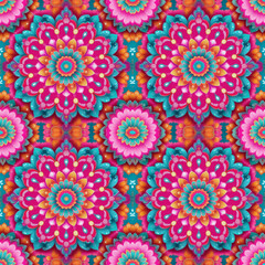 Vibrant mandala pattern in pink, teal, and orange tones