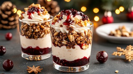   A pair of desserts rest atop a table, alongside a plate of cookies and cranberries