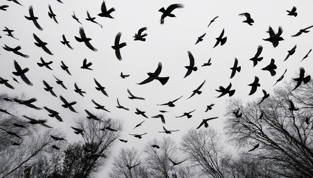 Striking Vector Illustration A Symphony of Soaring Birds Silhouettes Against an Abstract Patterned Backdrop, Offering a Timeless Design for Digital Art, Home Decor, or Design Inspiration.