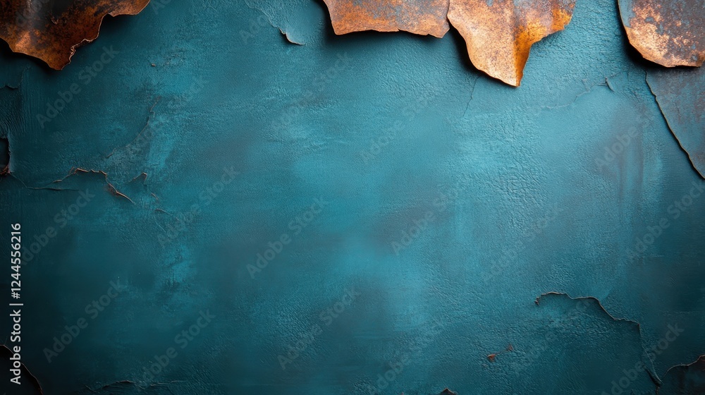 Poster the image captures an abstract view of rusty, peeling teal paint, blending textures and colors that 