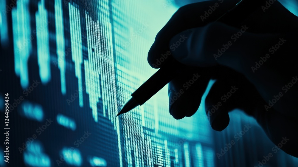 Aufkleber close-up of a hand holding a pen, analyzing digital data on a glowing screen in a tech environment