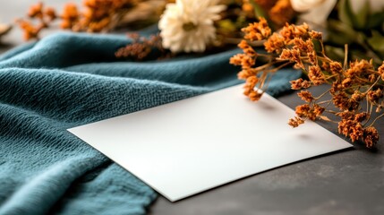 A rustic display of dried flowers paired with a blank card on a cozy fabric, creating an inviting setting perfect for warm invitations or heartfelt messages.