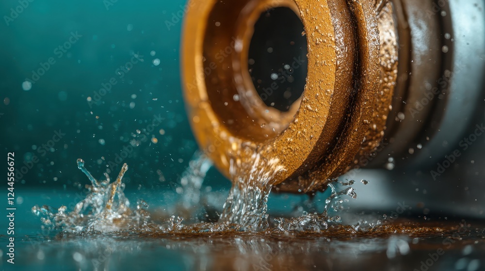 Poster a dynamic image of water splashing dramatically from a metal pipe, illustrating the raw power of nat