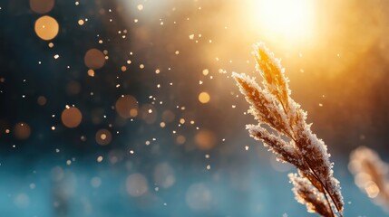 An enchanting image showcasing sparkling frost on plants in sunlight, enhanced by a dreamy bokeh effect that evokes feelings of wonder and nostalgia.