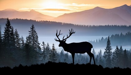 Stunning Forest Deer Silhouette Amidst a Mountainous Pine Landscape with Elk at Dusk A Captivating Hunting Scene of Serenity and Adventure