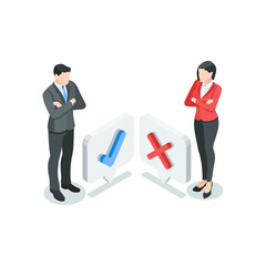 isometric vector business man and woman near cross and check mark icons, in color on white background, approval or rejection