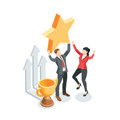 isometric vector business people rejoice in victory near a big star and trophy, in color on a white background, great success or goal achievement