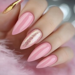 Gold glitter pink nail polish, long acrylic nails