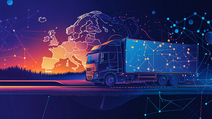 A futuristic logistics truck with digital network connections overlaying a glowing map of Europe representing global transportation and supply chain
