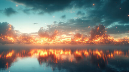 Naklejka premium A surreal panoramic skyscape with an endless ocean reflecting the glowing clouds and vibrant cosmic lights