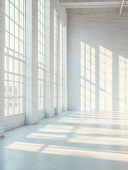 An airy, spacious industrial warehouse interior with expansive high ceiling and large windows allowing ample natural light. The space features a concrete floor, brick walls, and white painted wooden