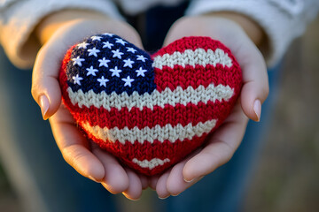 American flag knitted heart in the hands of a girl. American heart month.