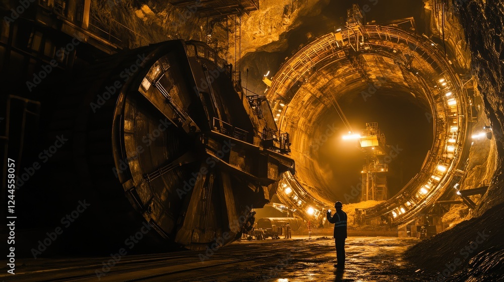 Aufkleber a worker observes a massive tunnel boring machine in an underground mining operation