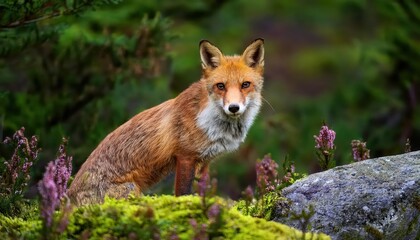 Fototapeta premium Enchanting Red Fox Amidst a Lush Green Forest Vulpes vulpes Exploring Mossy Stone Pathway Surrounded by Blooming Flowers at Twilight