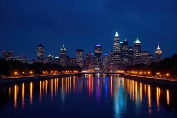 Night view of Philadelphia's illuminated cityscape, long exposure, buildings