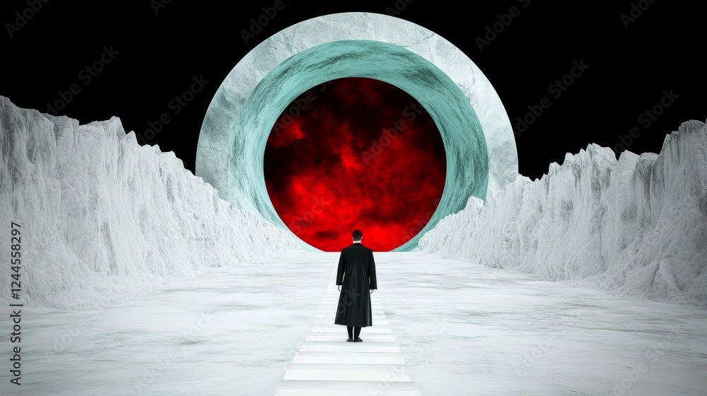 Wall mural a man in a long black coat walks towards a large red and teal celestial portal in a surreal, icy lan