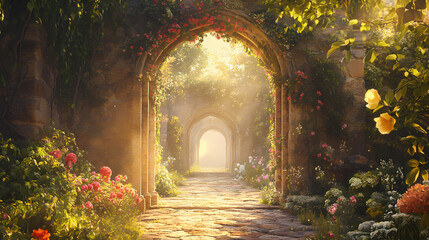A grand archway leads to a mysterious garden, bathed in warm sunlight, promising a hidden world beyond. Hidden Worlds. Illustration