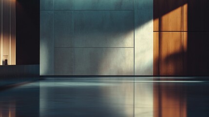 This image showcases a sleek and contemporary interior space in a modern architectural setting. The scene features minimalist design elements, such as clean lines, light wood paneling, and a neutral