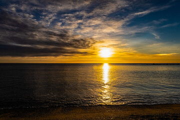 Beautiful sunrise on the Mediterranean Sea. Winter Barcelona. Spain in January.