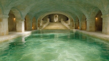 Fototapeta premium Serene indoor pool in a historic building. The tranquil green water contrasts beautifully with the aged stone architecture.
