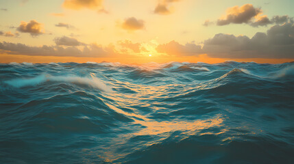 Obraz premium A majestic canvas depicting a vast ocean with turquoise waves breaking against a golden sunset, revealing a hidden world beneath the surface. Hidden Worlds. Illustration
