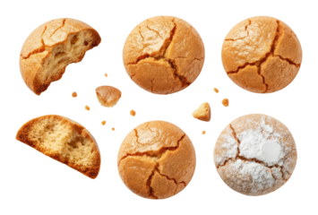 Close-up of assorted amaretti cookies on transparent background, some whole and with bites