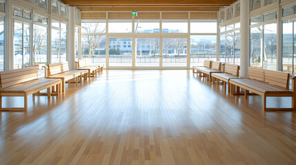 Fototapeta premium Sunny waiting area with wooden benches and city view