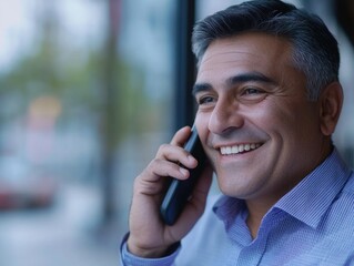 Image depicts a man in the midst of a conversation on his cell phone, conveying a sense of joy and professionalism. The setting is an outdoor café or restaurant, with the man seated at a table, giving
