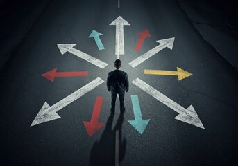 A man stands at a crossroads, surrounded by bright arrows symbolizing the search for a way