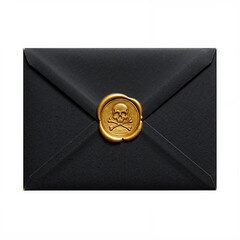 Black letter envelope sealed with gold skull and crossbones wax seal - isolated on white