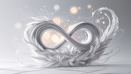 Infinity Symbol Design with Feathers and Lights in White and Gray Tones