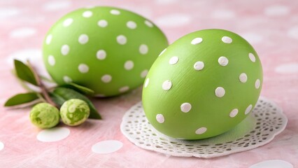 Two vibrant green eggs adorned with white polka dots, symbolizing the festive spirit of Easter celebrations.
