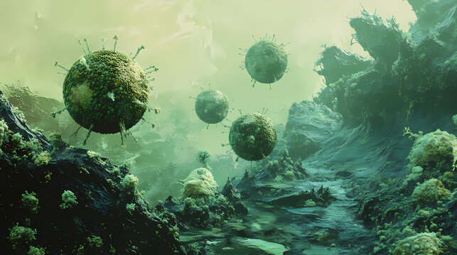 Abstract green microbial landscape: a digital art exploration of nature's hidden worlds. Hidden Worlds. Illustration