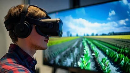 Engaging in a virtual reality training experience, a participant explores advanced farming methods. Surrounded by technology, the individual immerses in a vivid digital environment showcasing crops. - Powered by Adobe