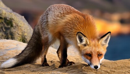 Fototapeta premium Vivid Red Vixen Wild Fox Basking in the Autumn Forest, Displaying a Majestic Grace Amidst Rich Fall Colors and Sunlight Rays