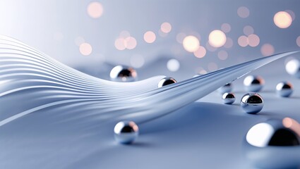 Silver Metal Spheres and Wavy Sheet with Bokeh Lights Abstract Background
