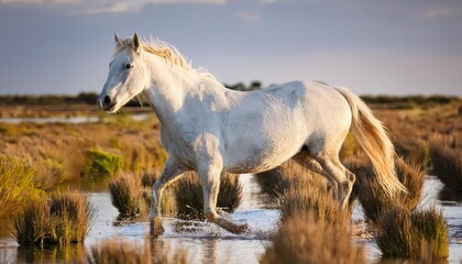 Majestic Stallion in the Wild A Captivating Gelding Amidst the Camargues Sunlit Wetlands, France