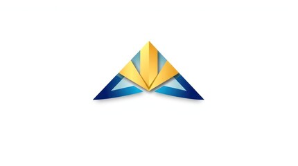 Futuristic and elegant 3D geometric pyramid in gold and blue shades, floating in a clean white space