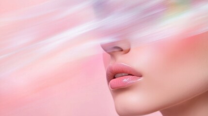 Naklejka premium Radiant Beauty: Close-up profile of a woman's face, subtly obscured by soft, ethereal light streaks, creating a dreamy and radiant effect. The focus is on her flawless skin and full lips. 