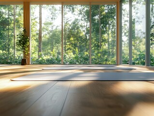 A spacious, well-lit yoga studio with a large window overlooking a tranquil forest. The room is furnished with wooden flooring and a central rug. A potted plant adds to the natural ambiance.
