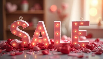 Word SALE made of candles and red hearts on a white background