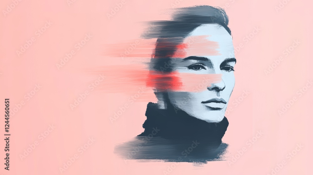 Poster Abstract portrait of a young woman, her face partially obscured by streaks of color. A blend of serenity and mystery.