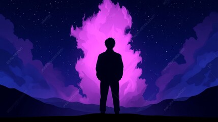 Fototapeta premium Silhouette of a young man standing before a vibrant purple and blue night sky, a surreal and dreamy scene.